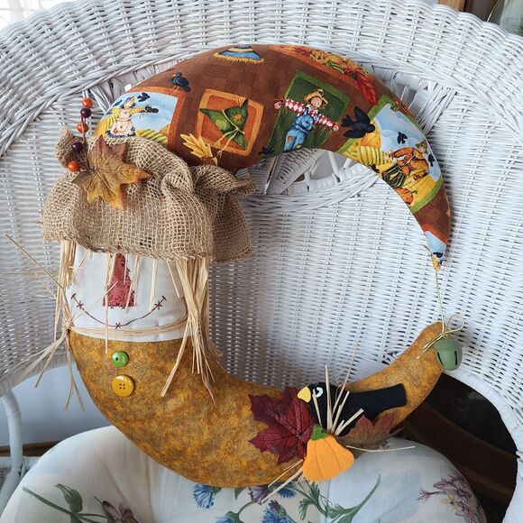 Handcrafted Autumn Moon Scarecrow Wreath Fall Halloween Design Decor Elements - Picture 2 of 10